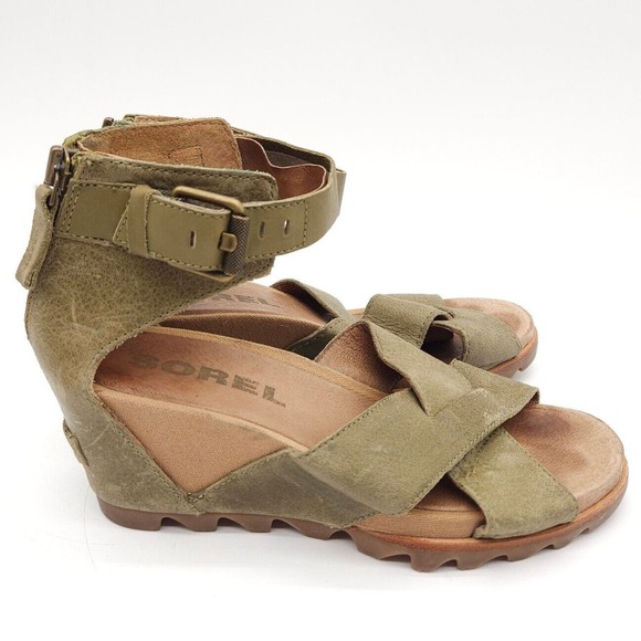 Sorel Joanie II (Womens Size 8) Ankle Strap Zip Wedge Open Sandals Green Leather - Picture 5 of 9